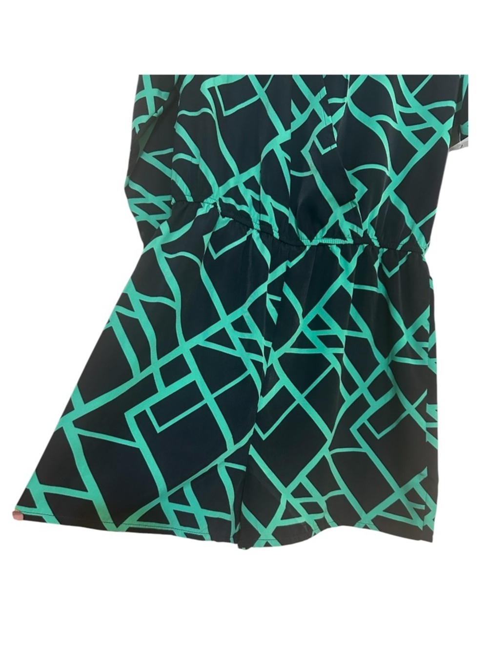 JustFab Romper Small Navy Green Geometric Faux Wrap Long Sleeve NWT - Picture 10 of 12